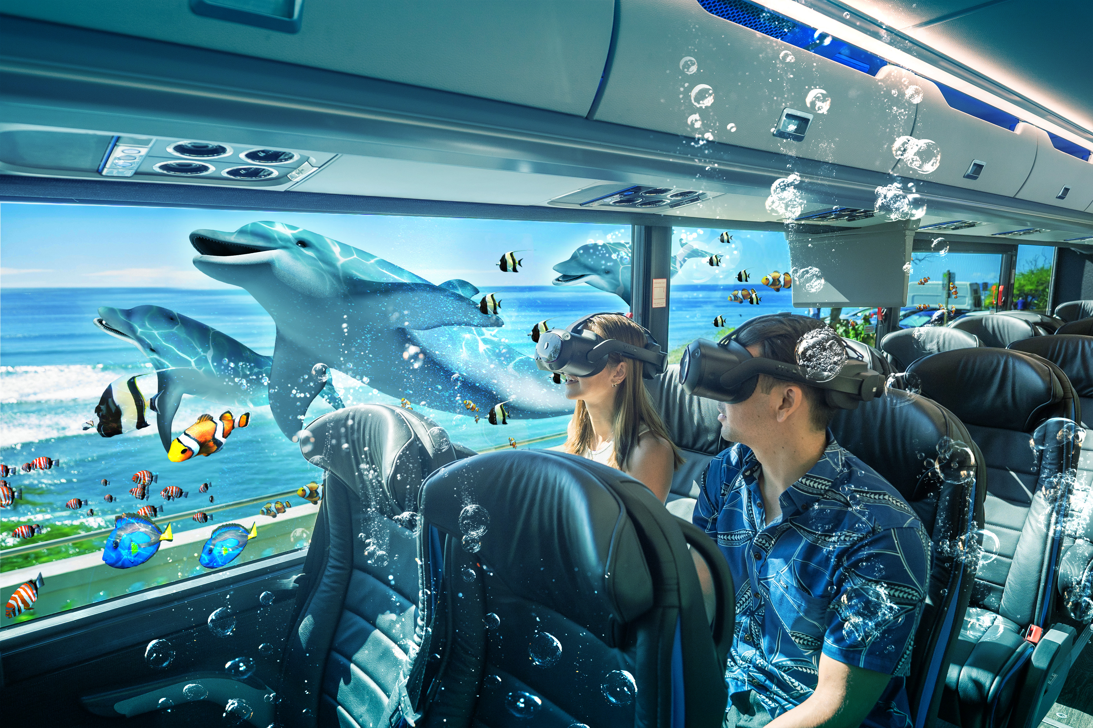 アートパネル　ハワイ　ワイキキ　オアフ　イルカ　リゾート　海　珊瑚礁　魚　熱帯魚 XploreRide Hawaii｜ハワイに隠された海中都市を巡るXRバスツアー