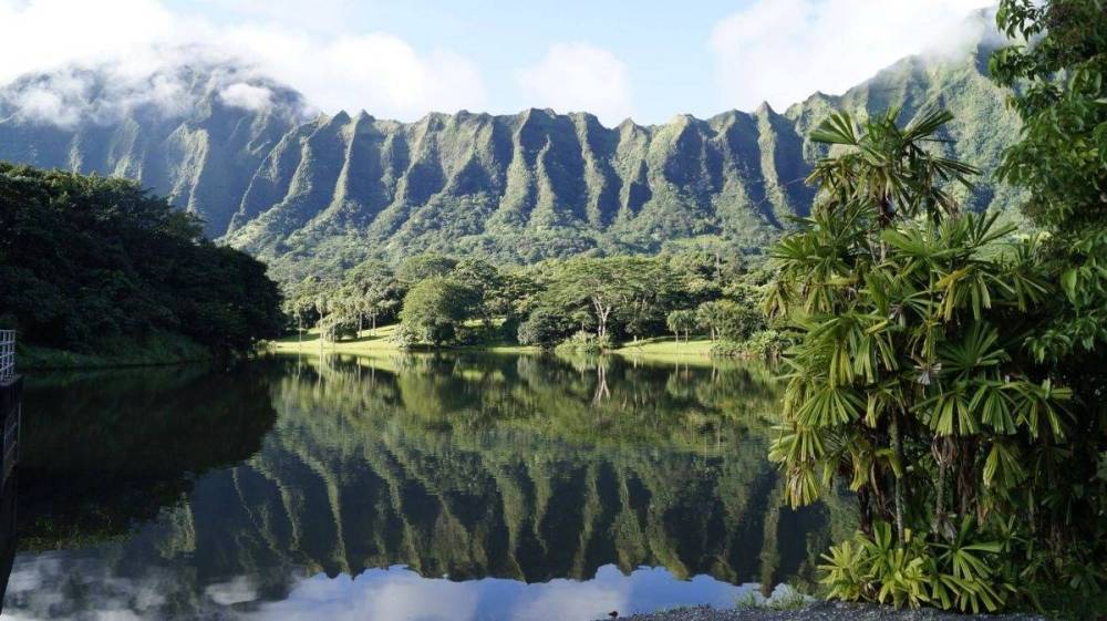 Lush green mountains with clouds reflected in a calm lake, surrounded by trees.