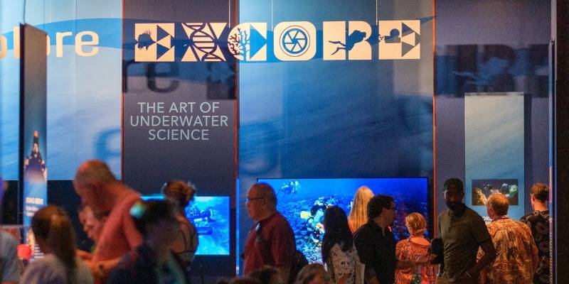People watching underwater science exhibit with coral reef images.