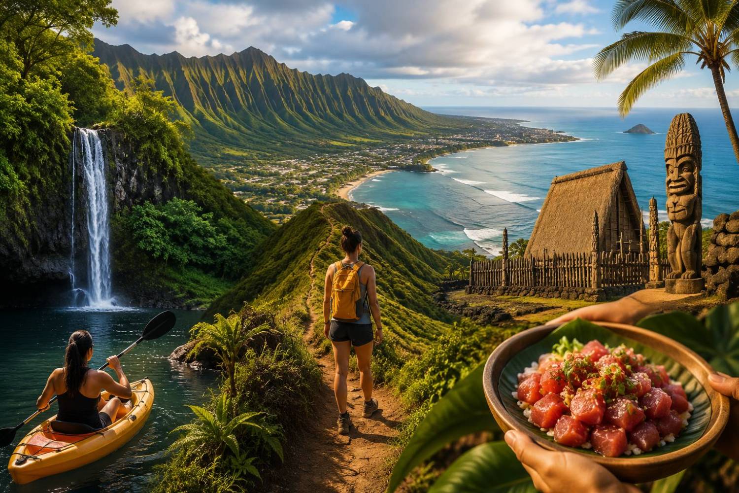 People enjoy kayaking, hiking, and a scenic coastal view with mountains, a waterfall, and a traditional hut.