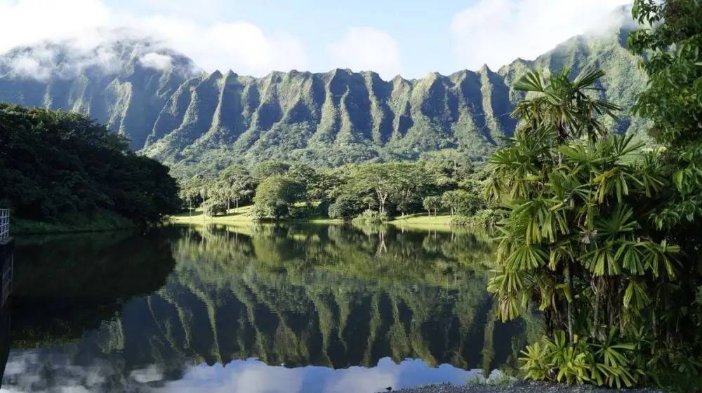 Lush green mountains and trees reflecting in a calm lake under a blue sky.