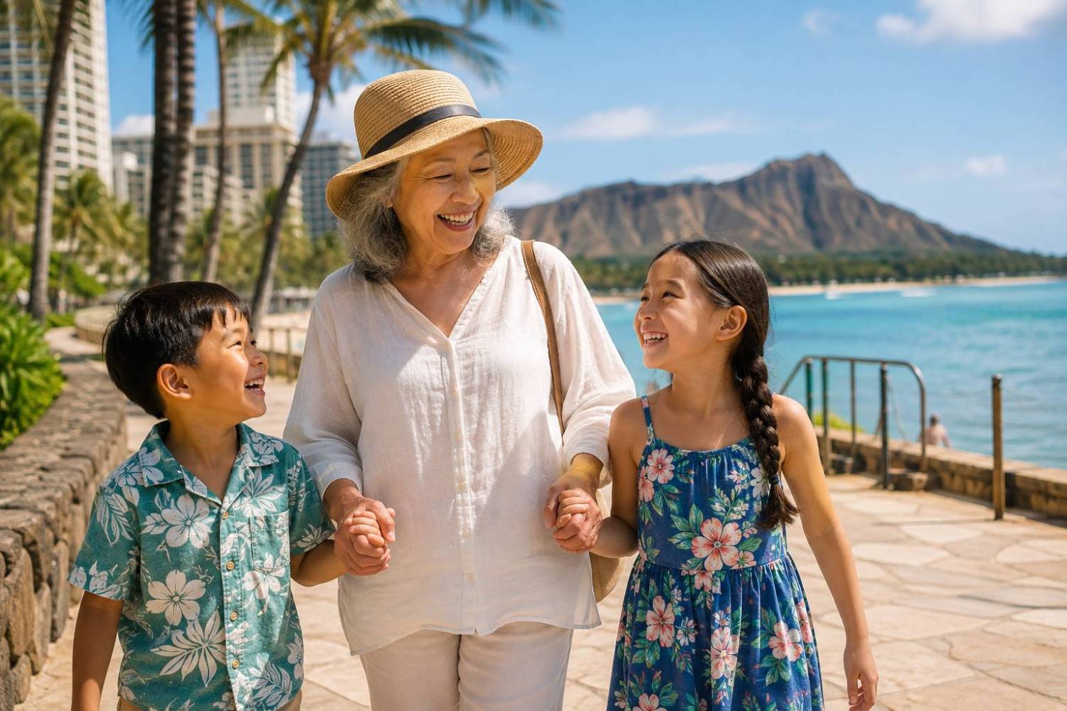 Smiling woman in hat walks with two children on a seaside path.