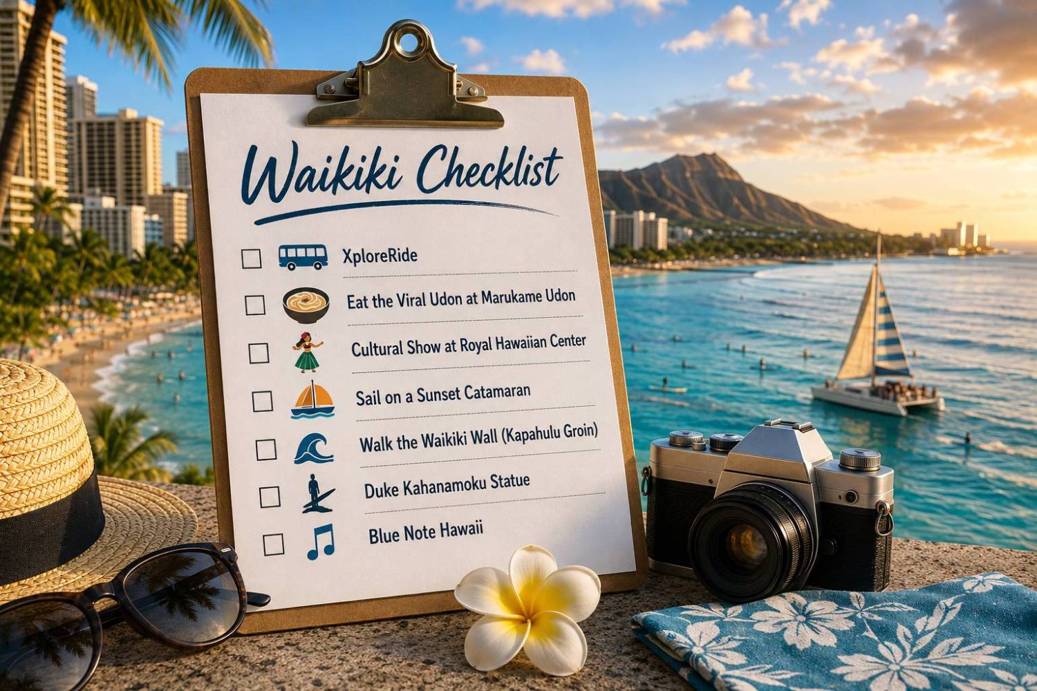 Hawaii checklist and items by beach with Diamond Head view.