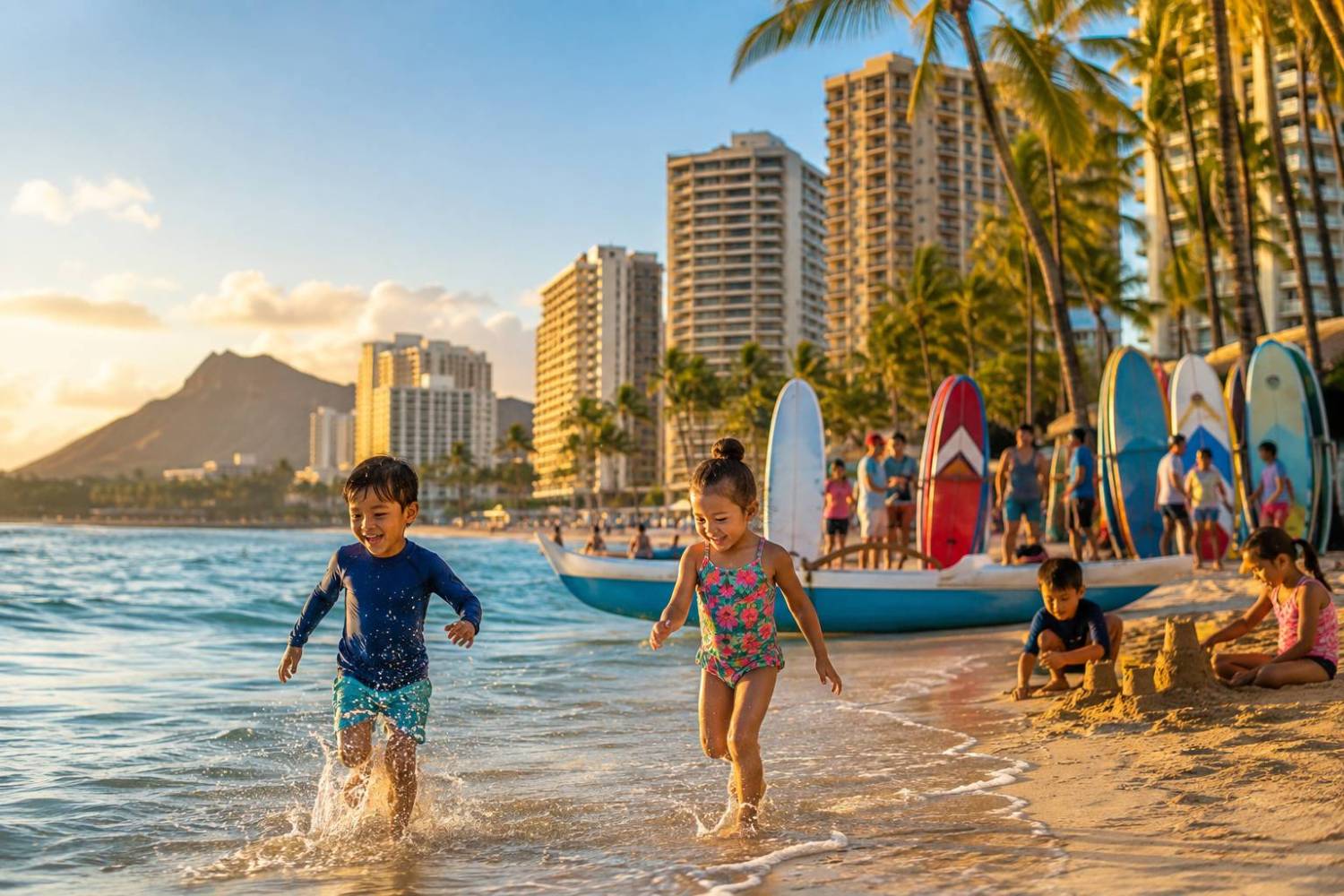 Children playing on a beach with surfboards and buildings in the background.
