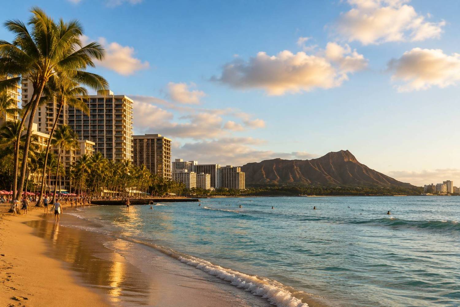 Beach with palm trees, buildings, and mountain at sunset.
