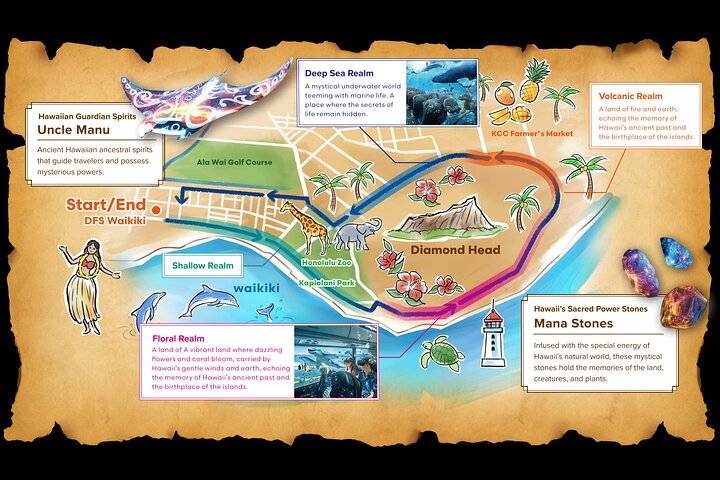 Colorful map depicting realms and landmarks around Diamond Head, including paths and Hawaiian elements.