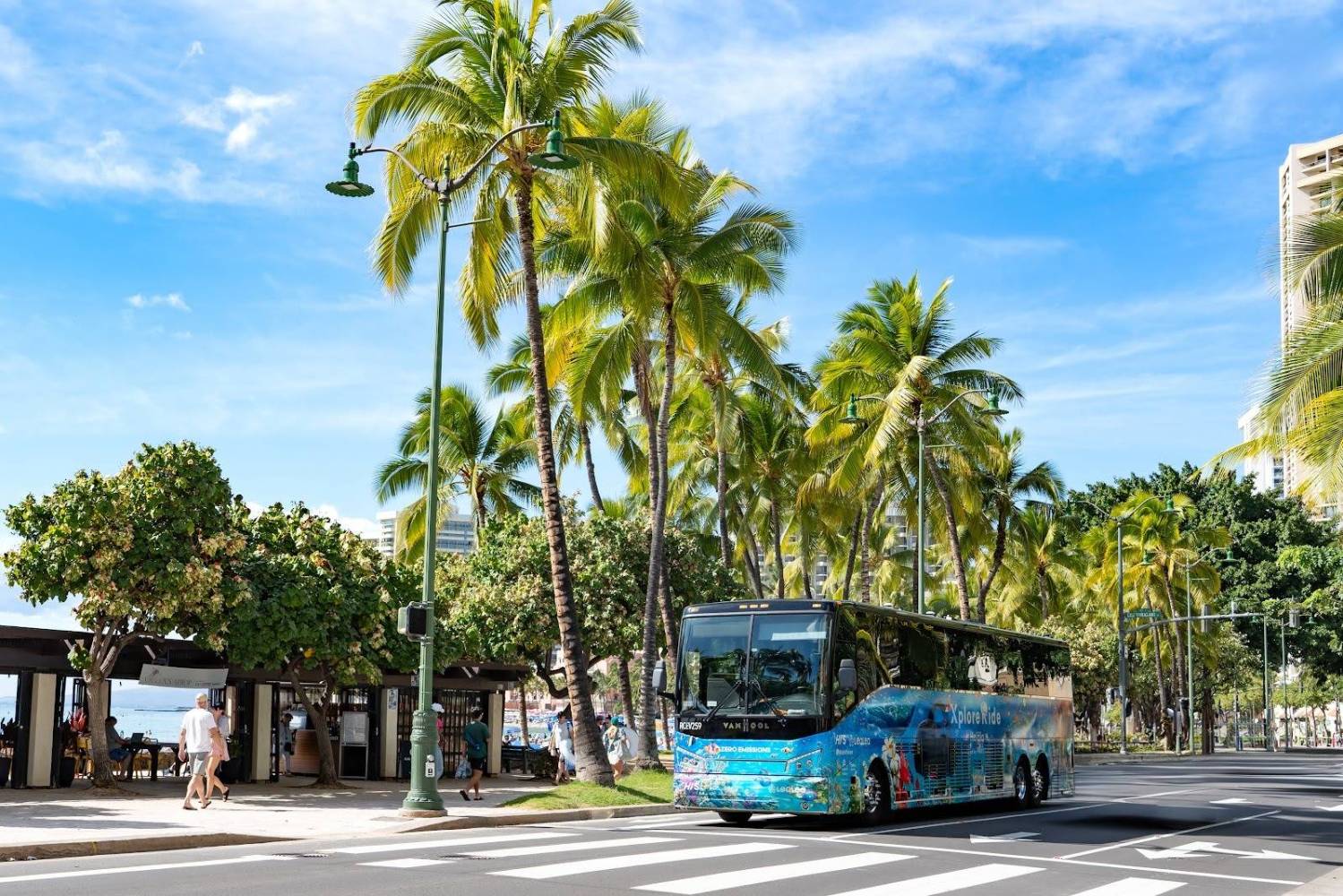Tour bus on a palm tree-lined street with pedestrians and a clear blue sky.