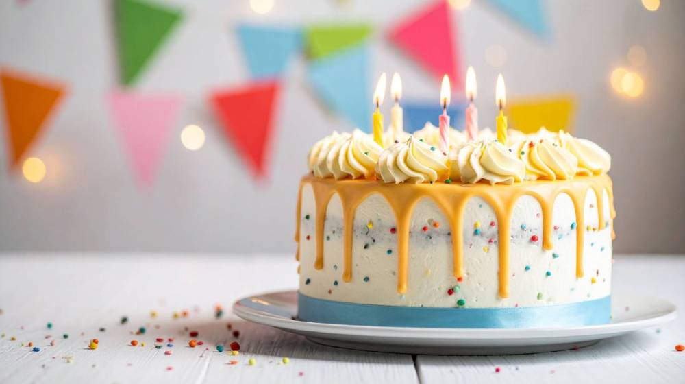 Birthday cake with candles, colorful sprinkles, and drip icing on a table with bunting in the background.
