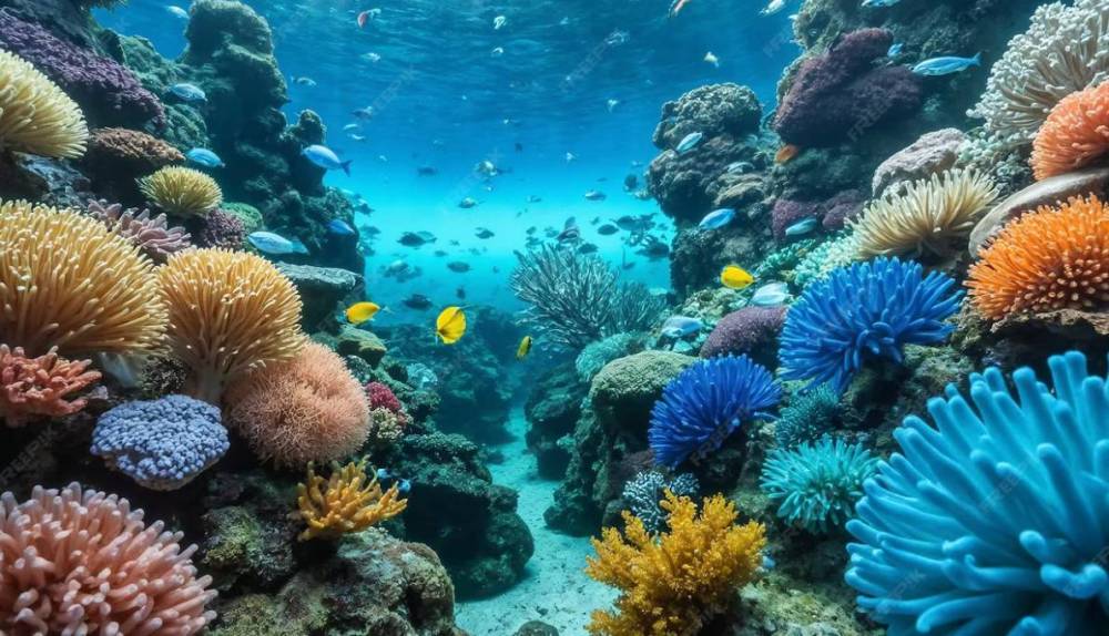 Underwater coral reef with colorful corals and various fish swimming in clear blue water.