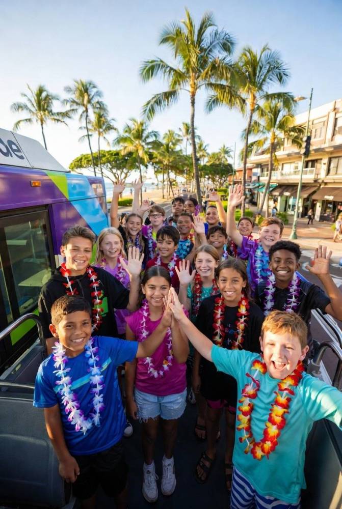Group of kids wearing leis, smiling and waving, standing near a colorful bus in a tropical setting.