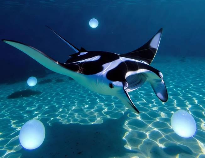 Manta ray swimming underwater surrounded by glowing spheres.