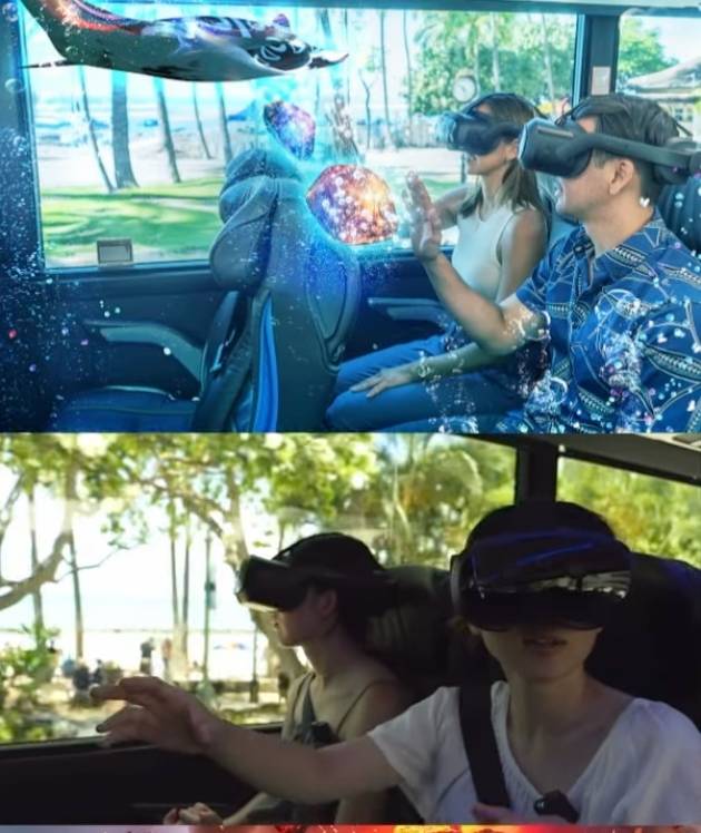 People on a bus wearing VR headsets with virtual sea creatures around.