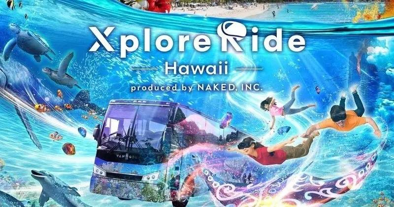 Futuristic bus underwater with divers and marine life, titled 'Xplore Ride Hawaii'.