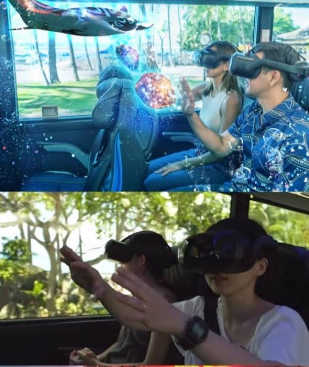 People in a bus wearing VR headsets, simulating an underwater experience.