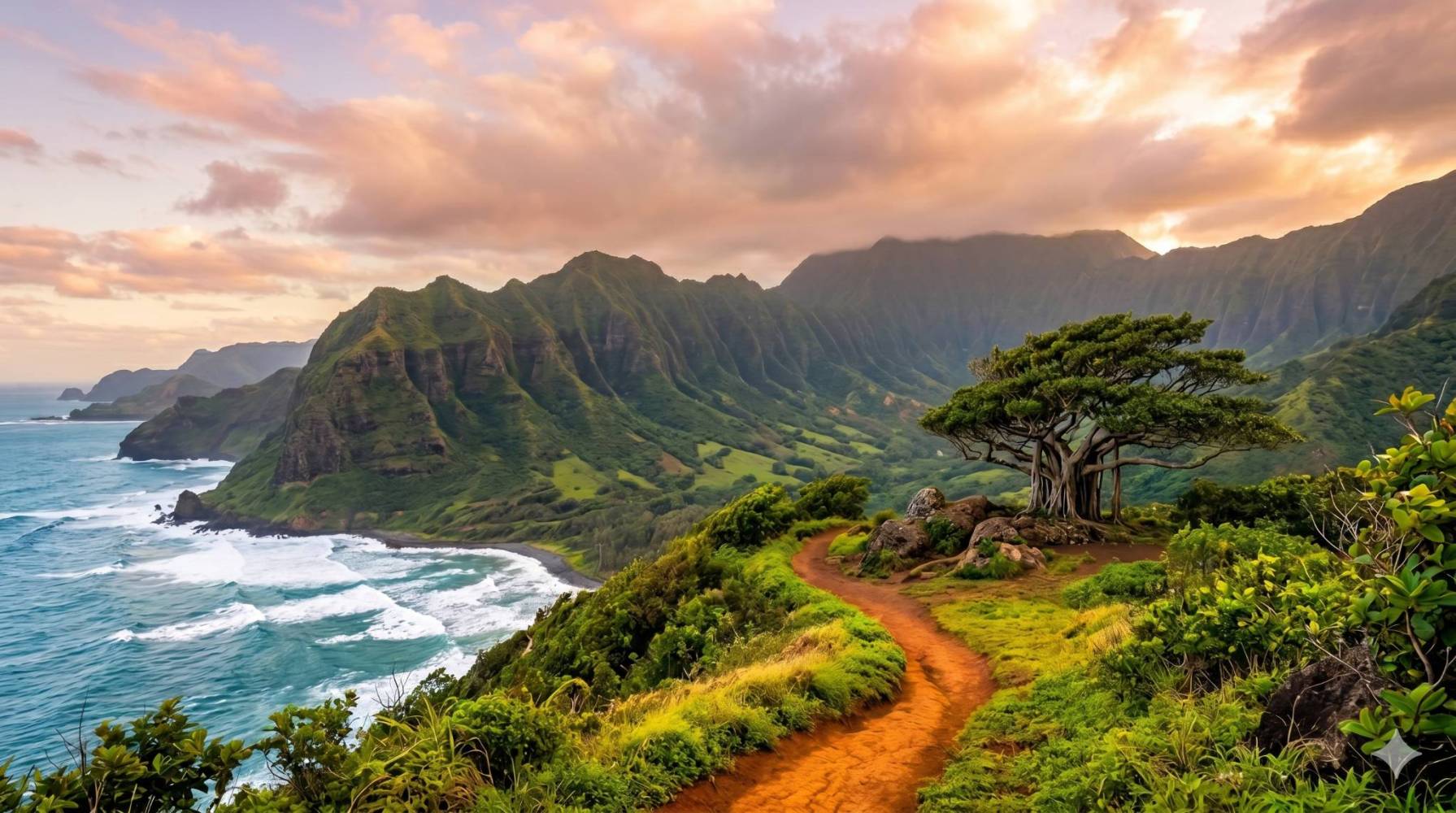 Scenic coastal landscape with mountains, ocean, tree, and winding path at sunset.