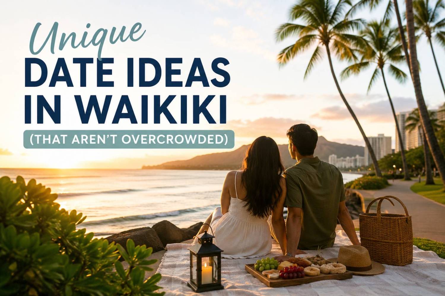 Couple sitting on beach watching sunset with picnic by palm trees.