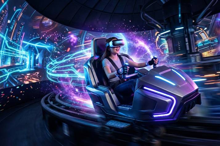 Person in VR headset driving a futuristic simulator car with neon lights.