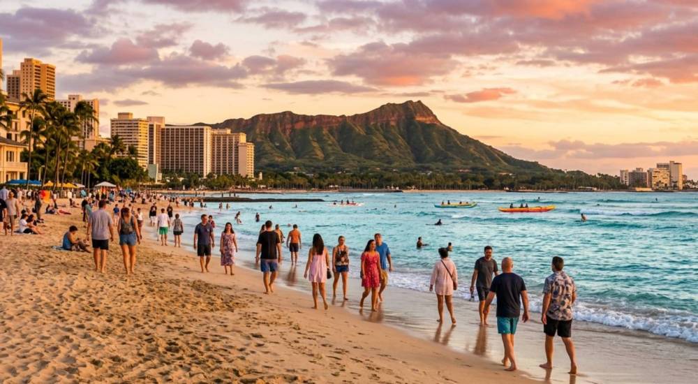 Crowded beach at sunset with Diamond Head in the background, people walking and swimming.