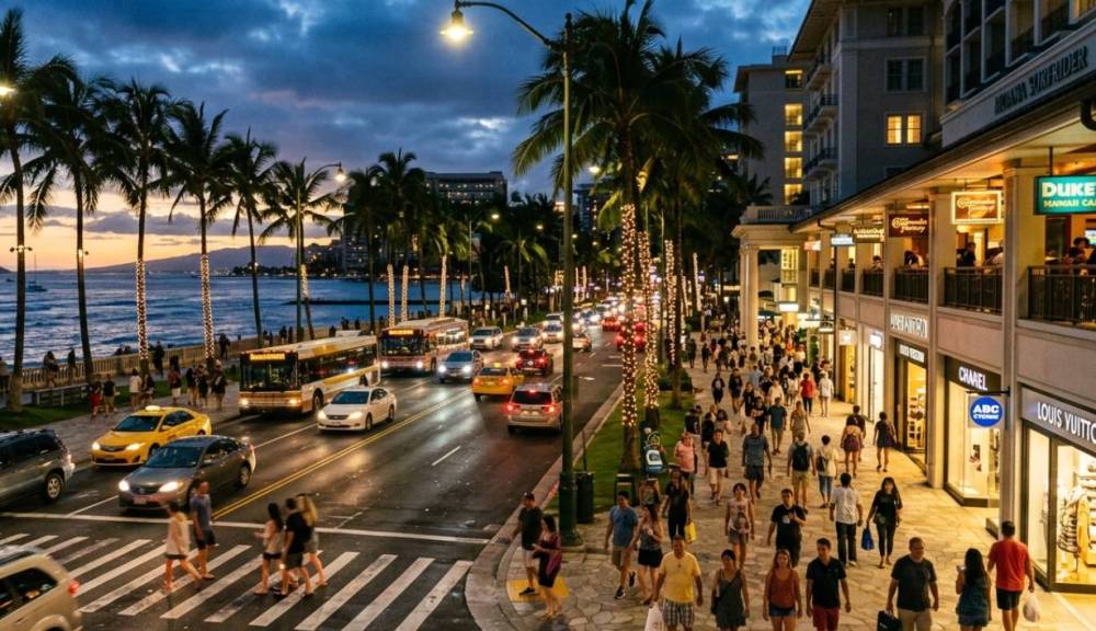 Busy street with palm trees, shops, and a sunset near the ocean.