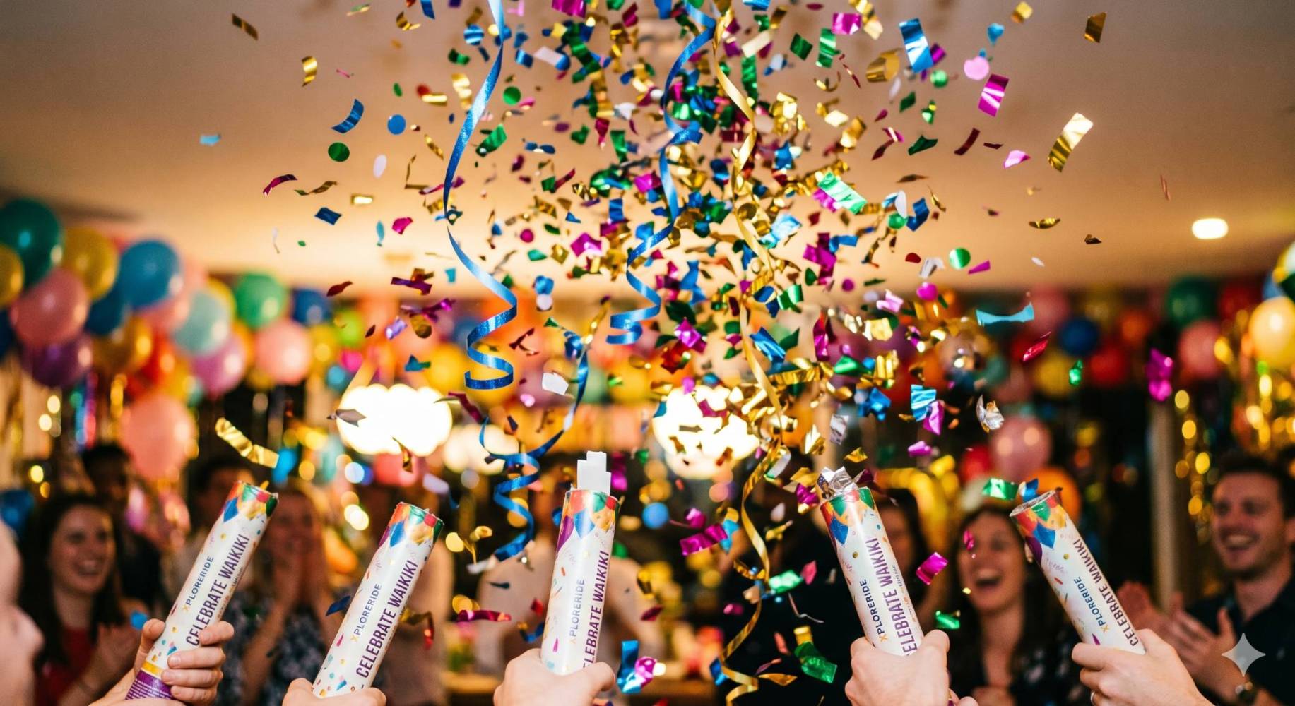 People celebrating with confetti poppers, colorful balloons in the background.