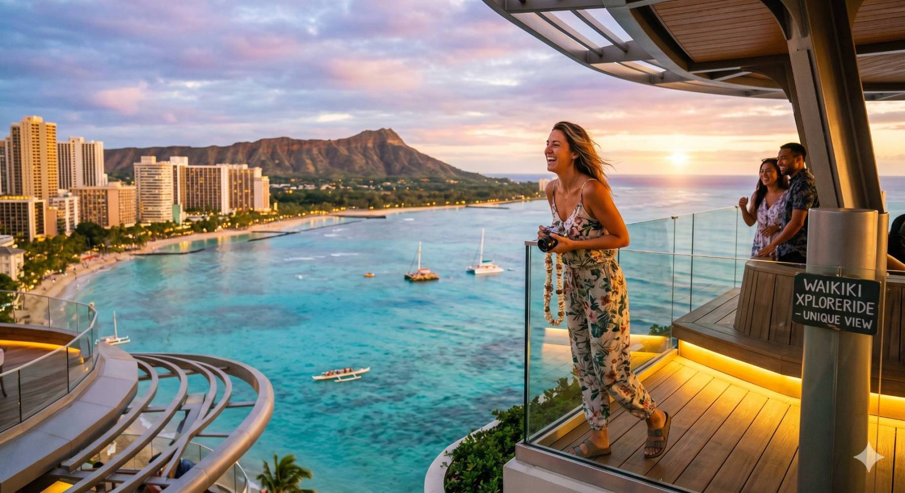 Smiling woman on rooftop with beach and mountain view at sunset.