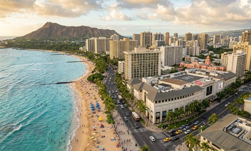 Aerial view of a beach with high-rise buildings and mountains in the background.
