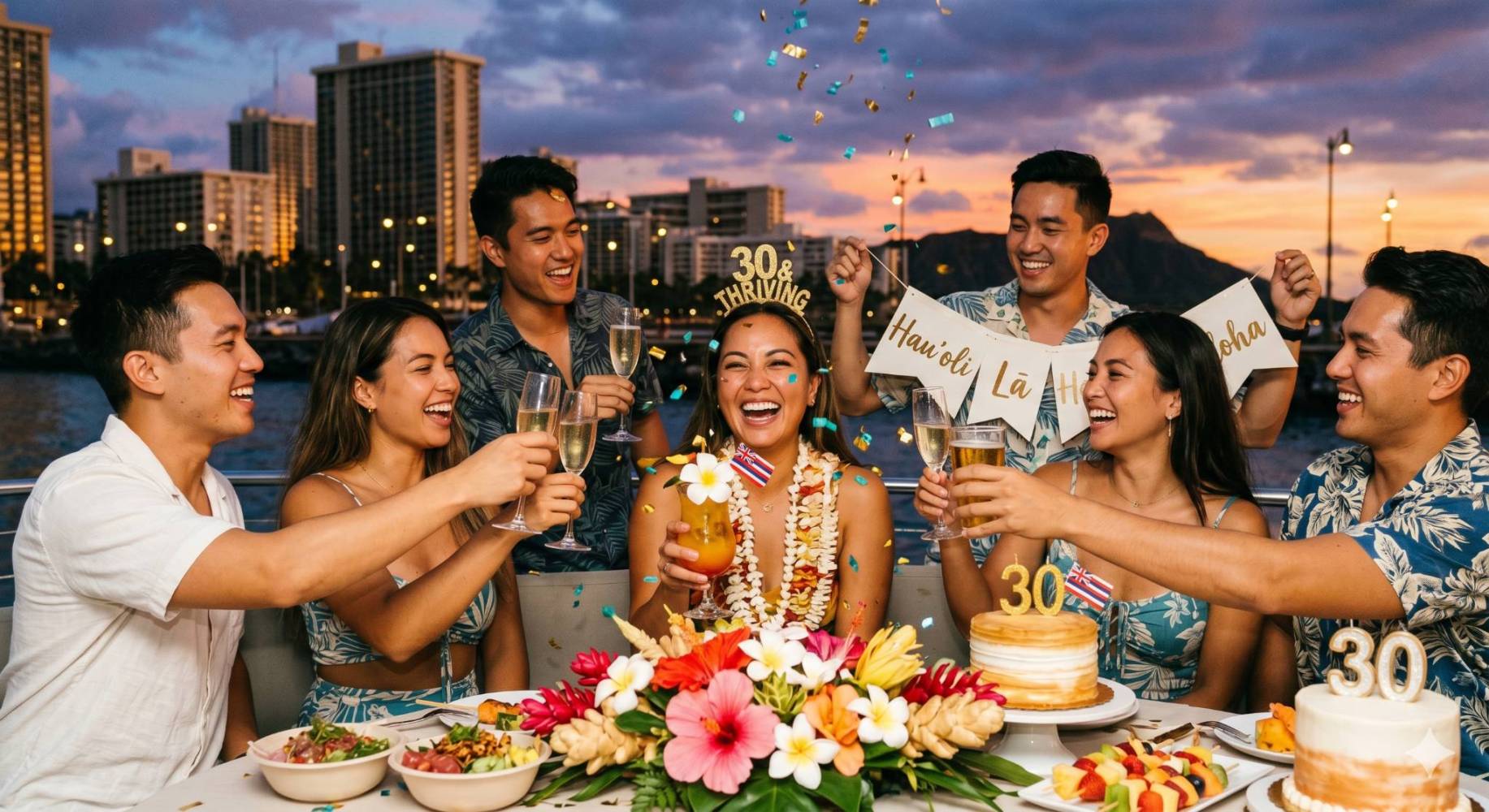 Group celebrating a woman's birthday with cake, flowers, and confetti at sunset.