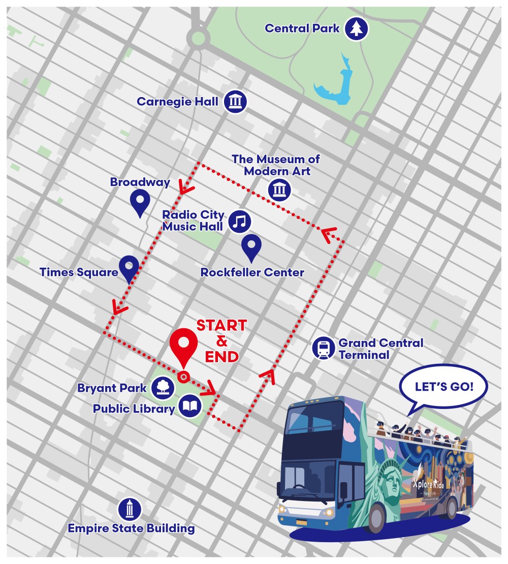 Illustrated city map with landmarks and double-decker bus tour route.