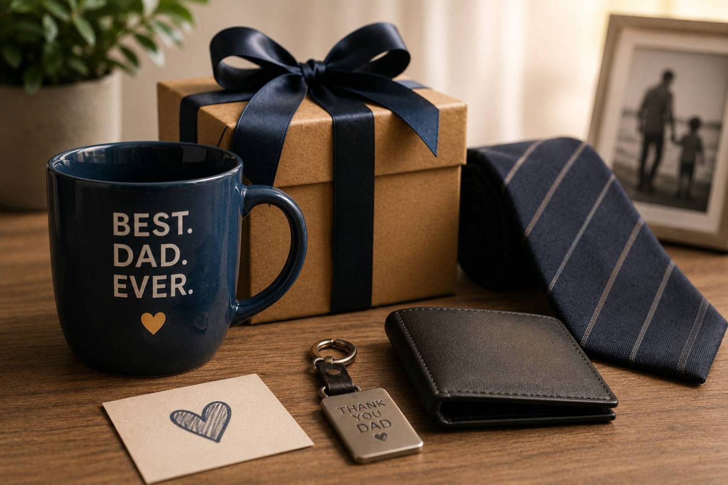 Gift items for a dad: mug, gift box, tie, keychain, wallet, card.