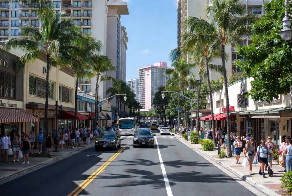 Busy urban street with palm trees, cars, and pedestrians in a sunny city landscape.