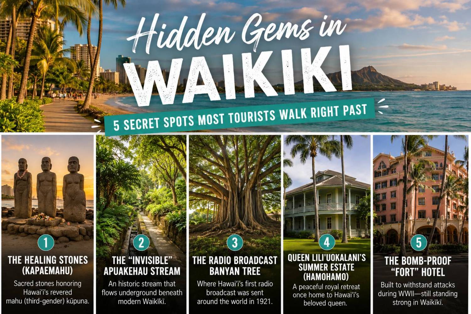 Waikiki hidden gem guide with images and info on 5 secret spots.