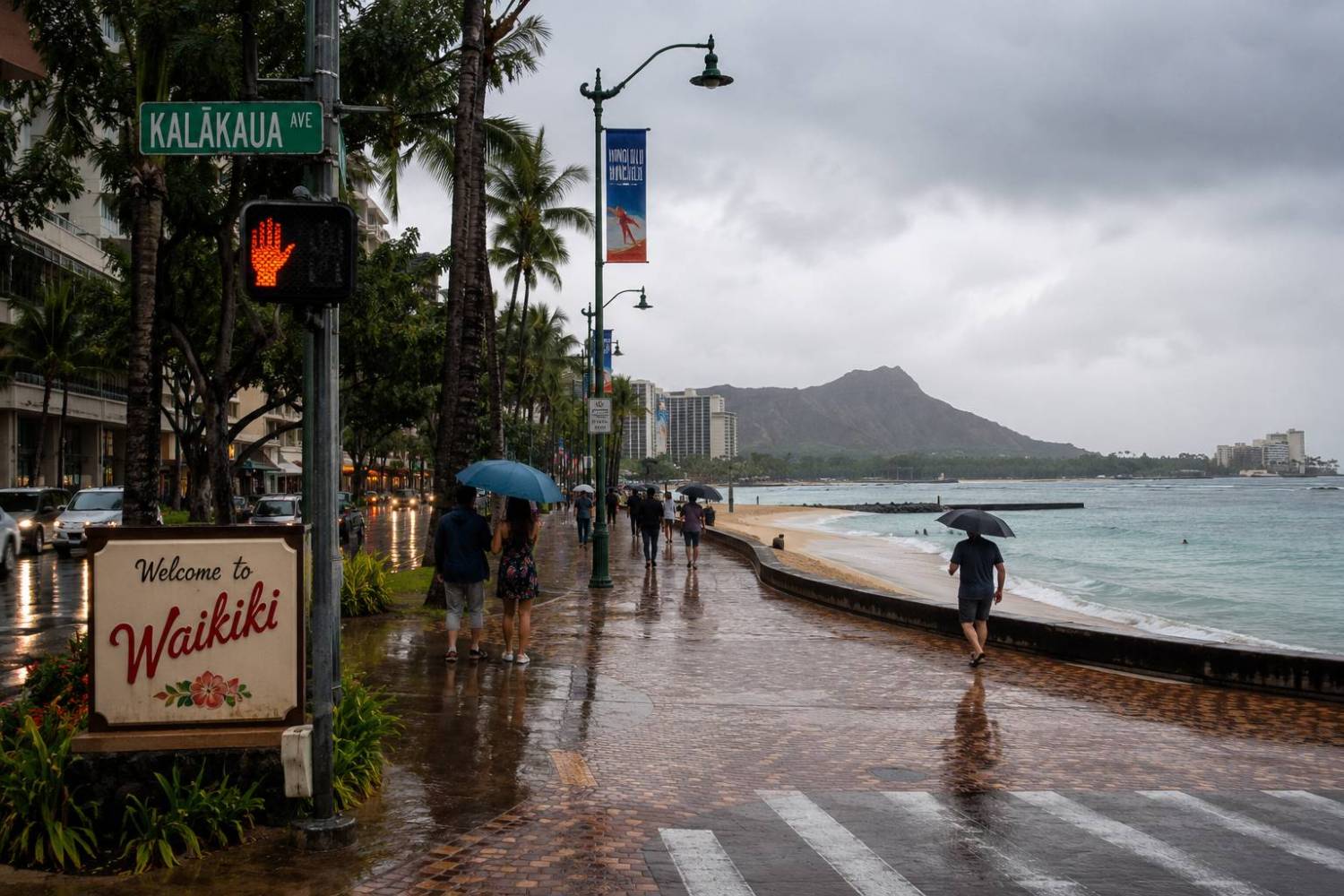 Rainy street scene in Waikiki with umbrellas and view of Diamond Head.