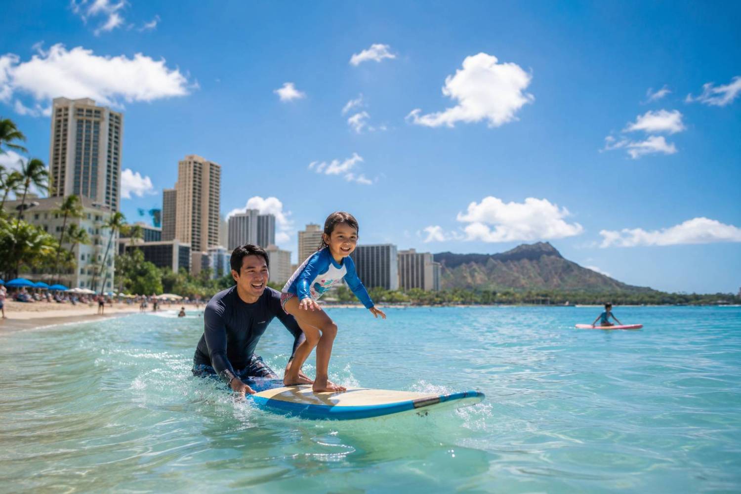 Adult and child surfing together near a beach with cityscape and mountain backdrop.