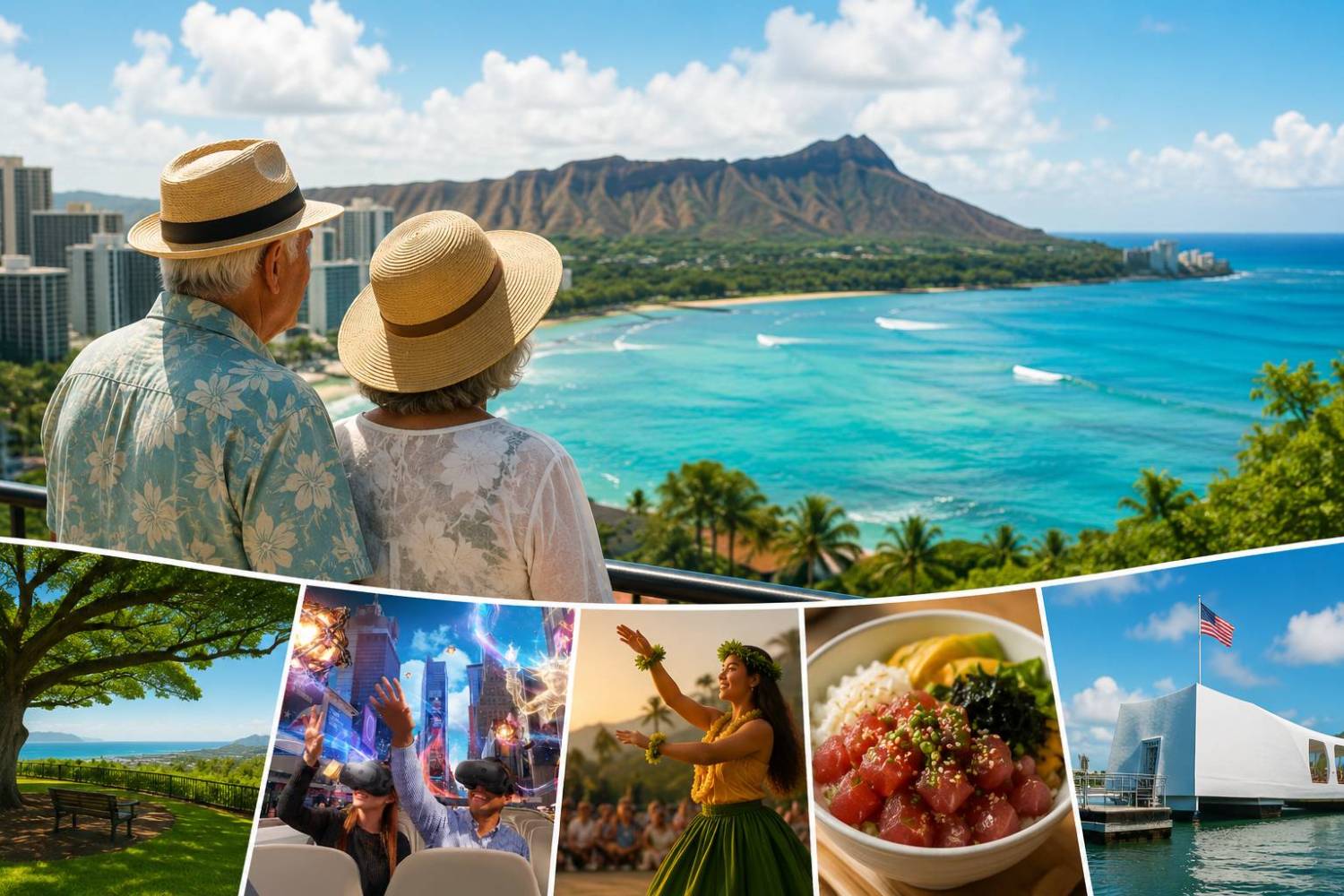 Collage: Couple views beach, concert, hula dancer, bowl of food, memorial site.