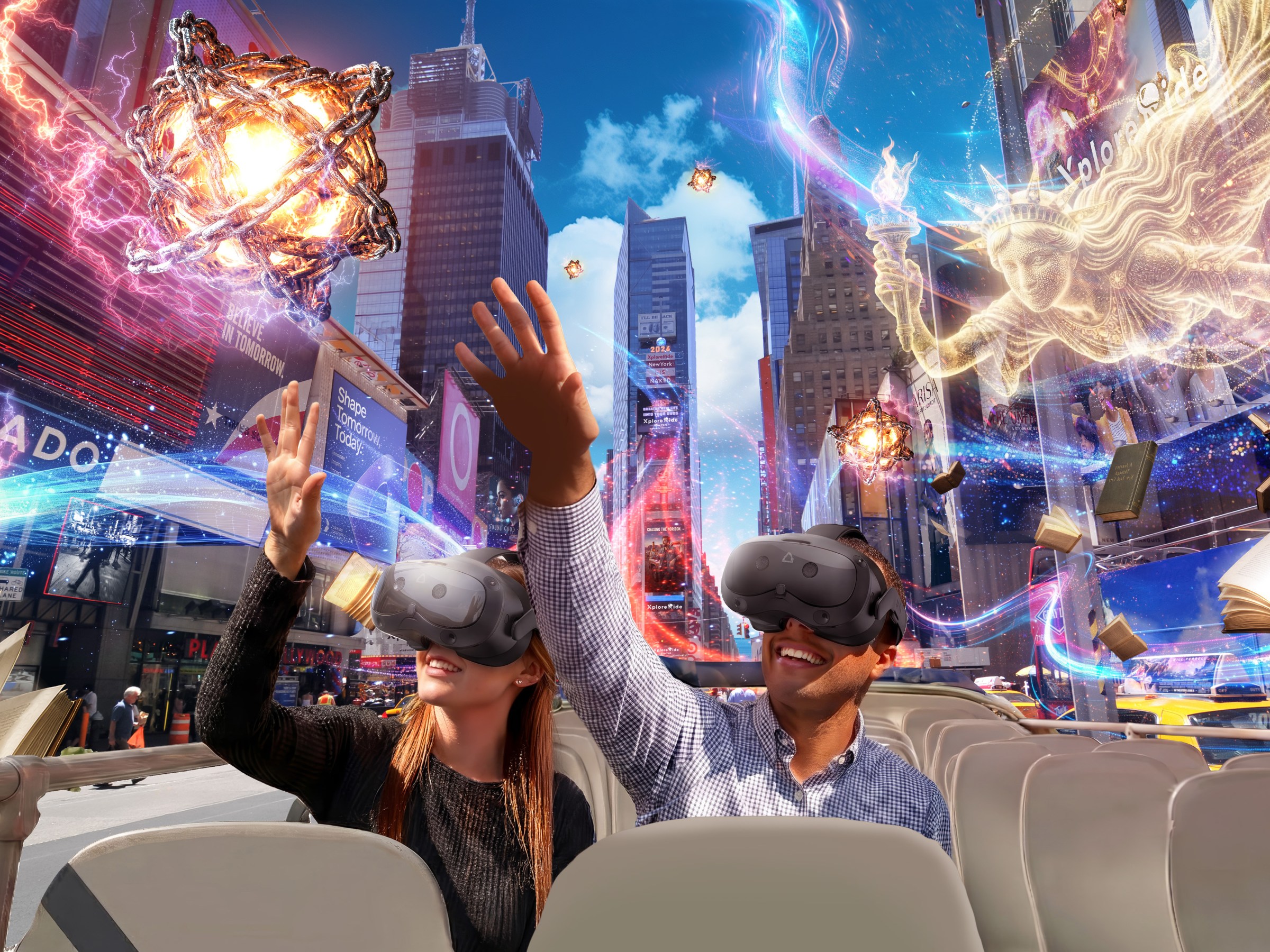 Two people with VR headsets on a bus, surrounded by virtual cityscape and magical elements.