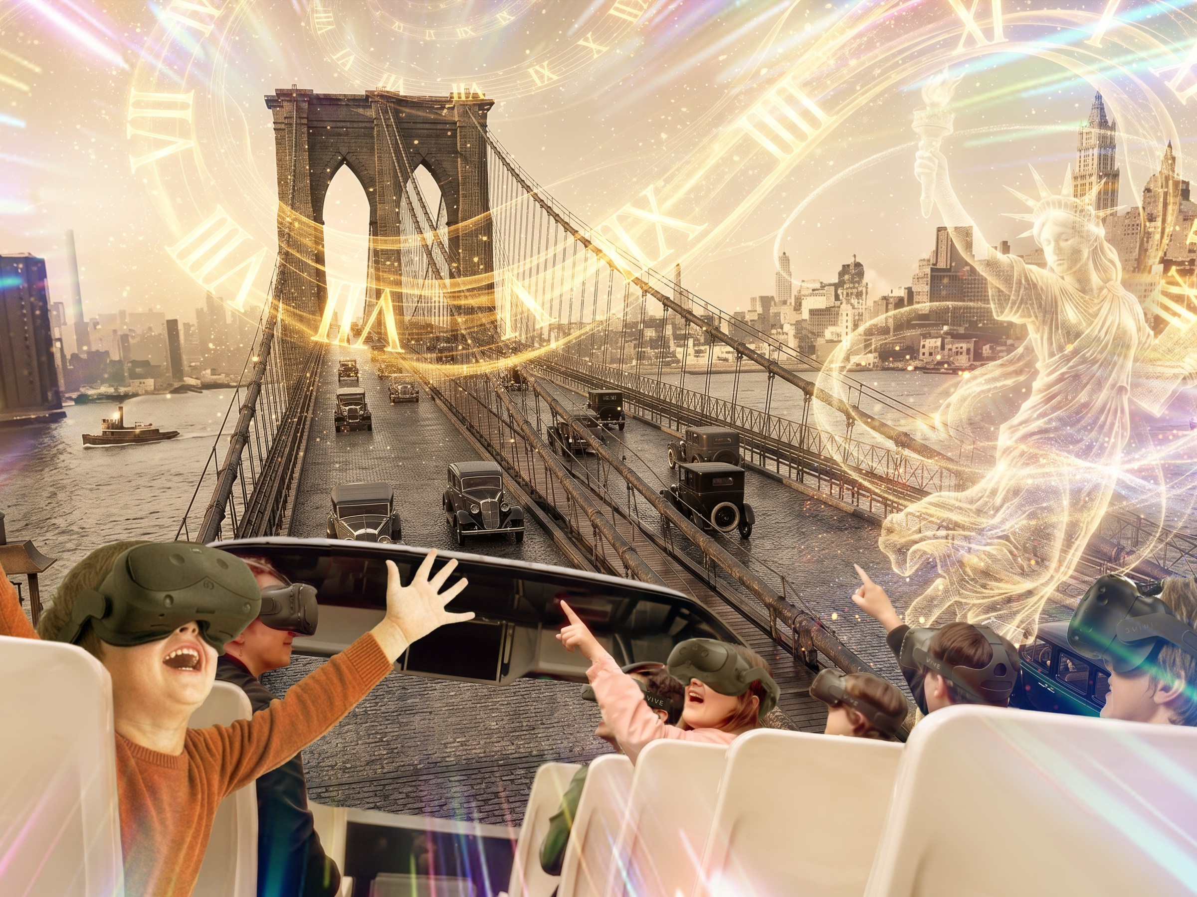 Kids in VR ride experience 3D scenes of Brooklyn Bridge and historical imagery.