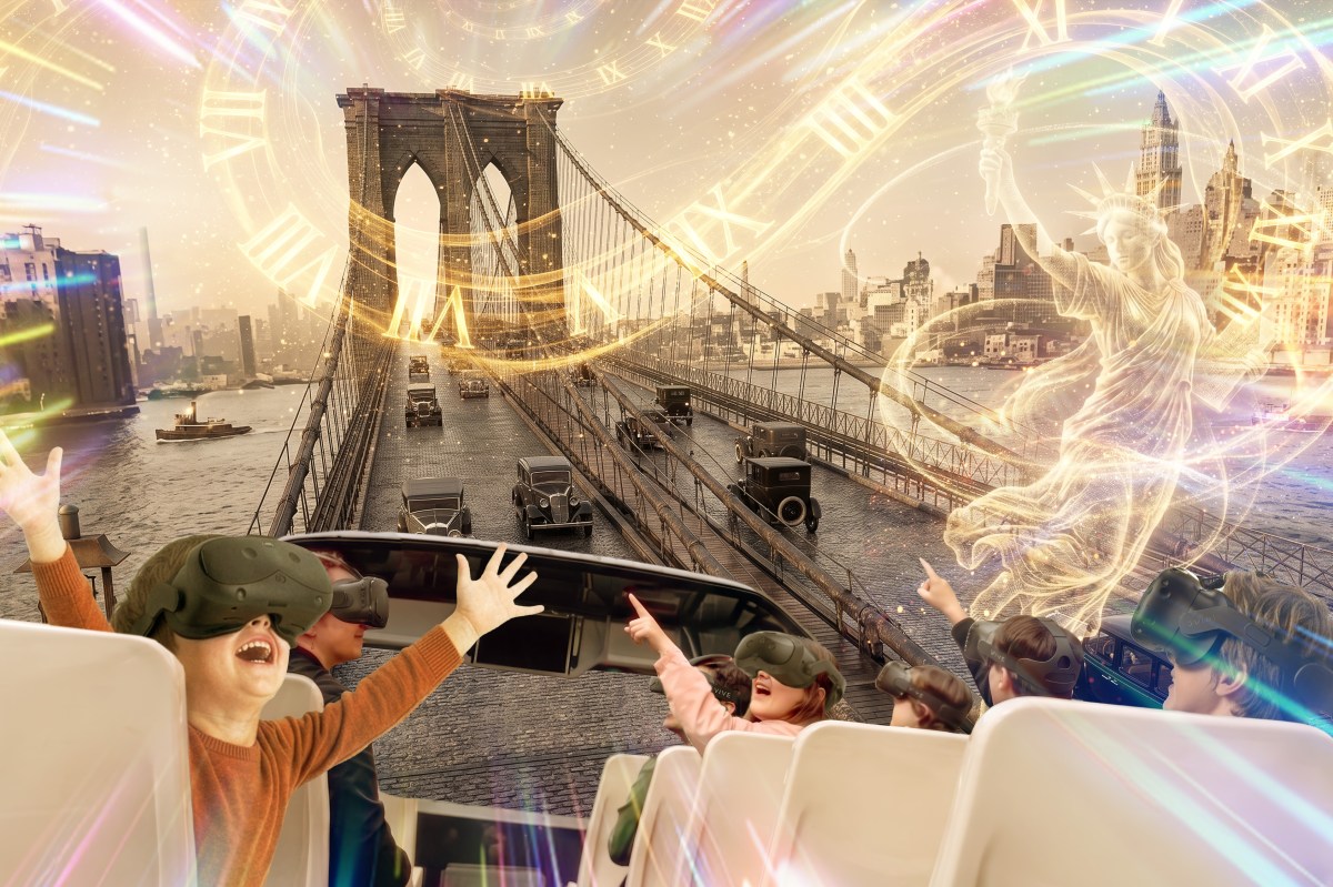 Kids in VR ride experience 3D scenes of Brooklyn Bridge and historical imagery.