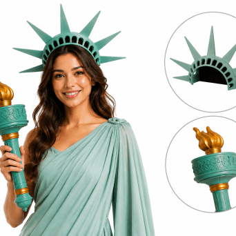 Person in Statue of Liberty costume holding torch with inset details of crown and torch.