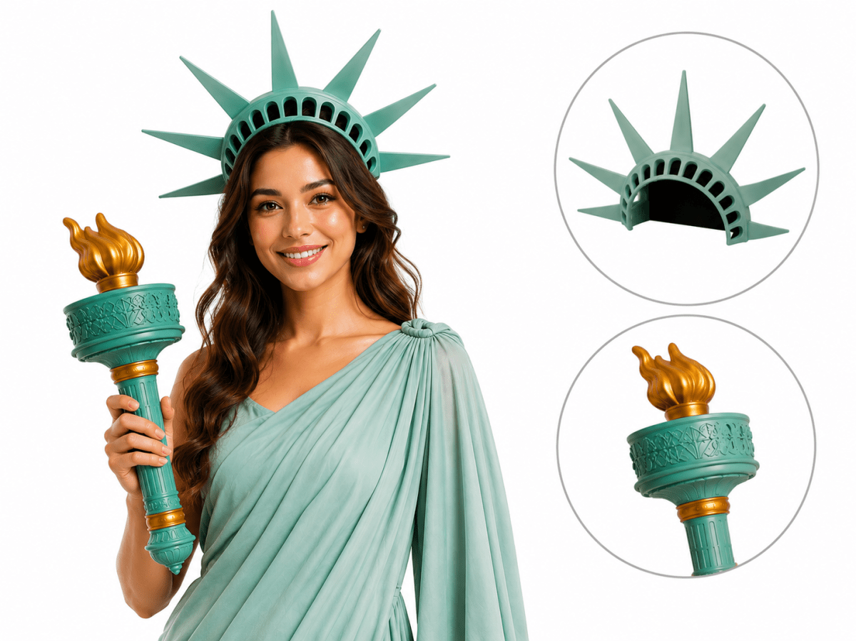 Person in Statue of Liberty costume holding torch with inset details of crown and torch.