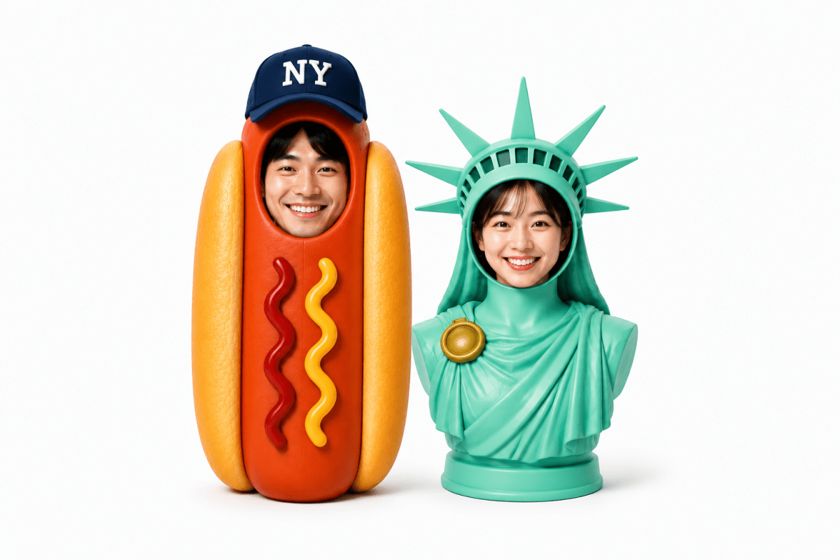 Person in hot dog costume with 'NY' hat and person as Statue of Liberty bust.
