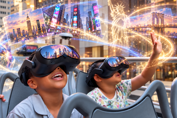 Two children wearing VR headsets, experiencing virtual cityscapes and landmarks.